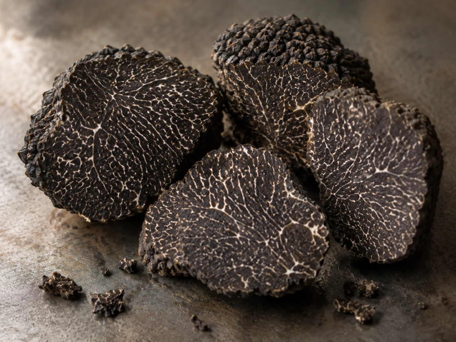 Détail de morceaux de truffe noire montrant la chair sombre veinée de blanc sur les faces de cassure