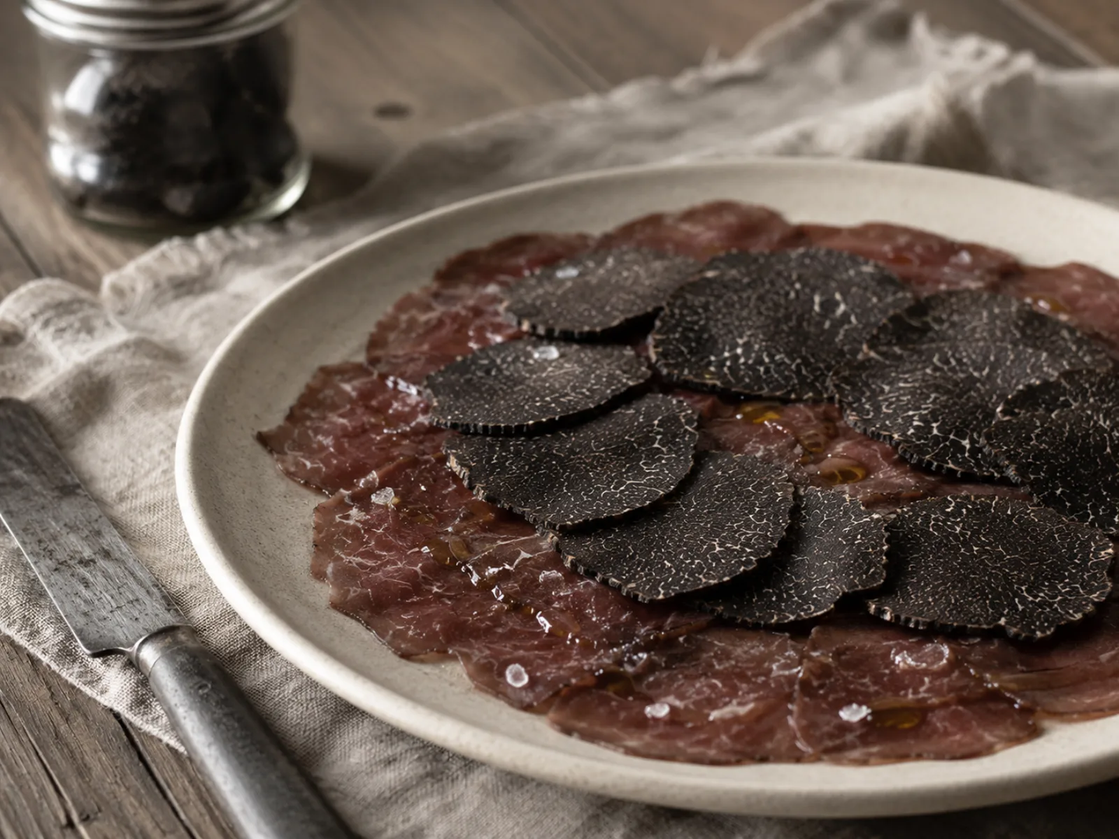 Láminas de trufa negra colocadas sobre un carpaccio de carne recién emplatado