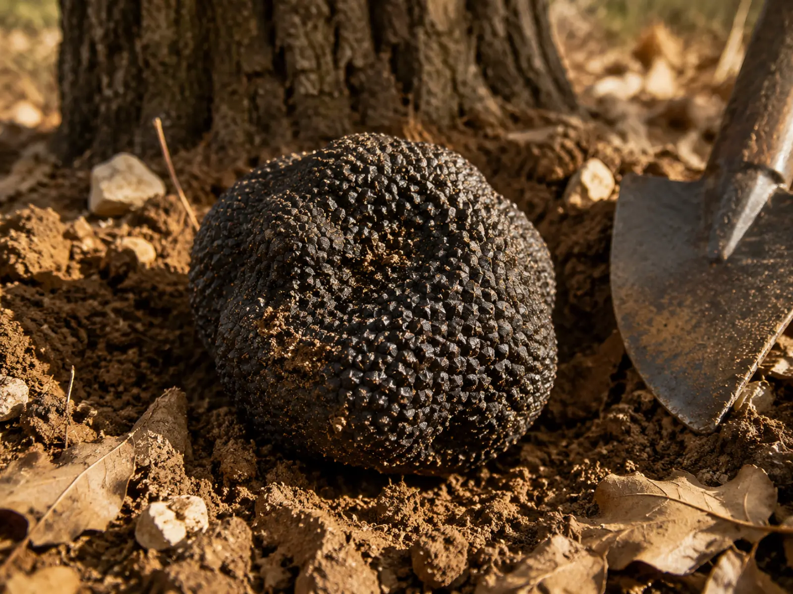Truffe noire d’Espagne fraîchement cavée à Teruel, posée sur la terre de la truffière