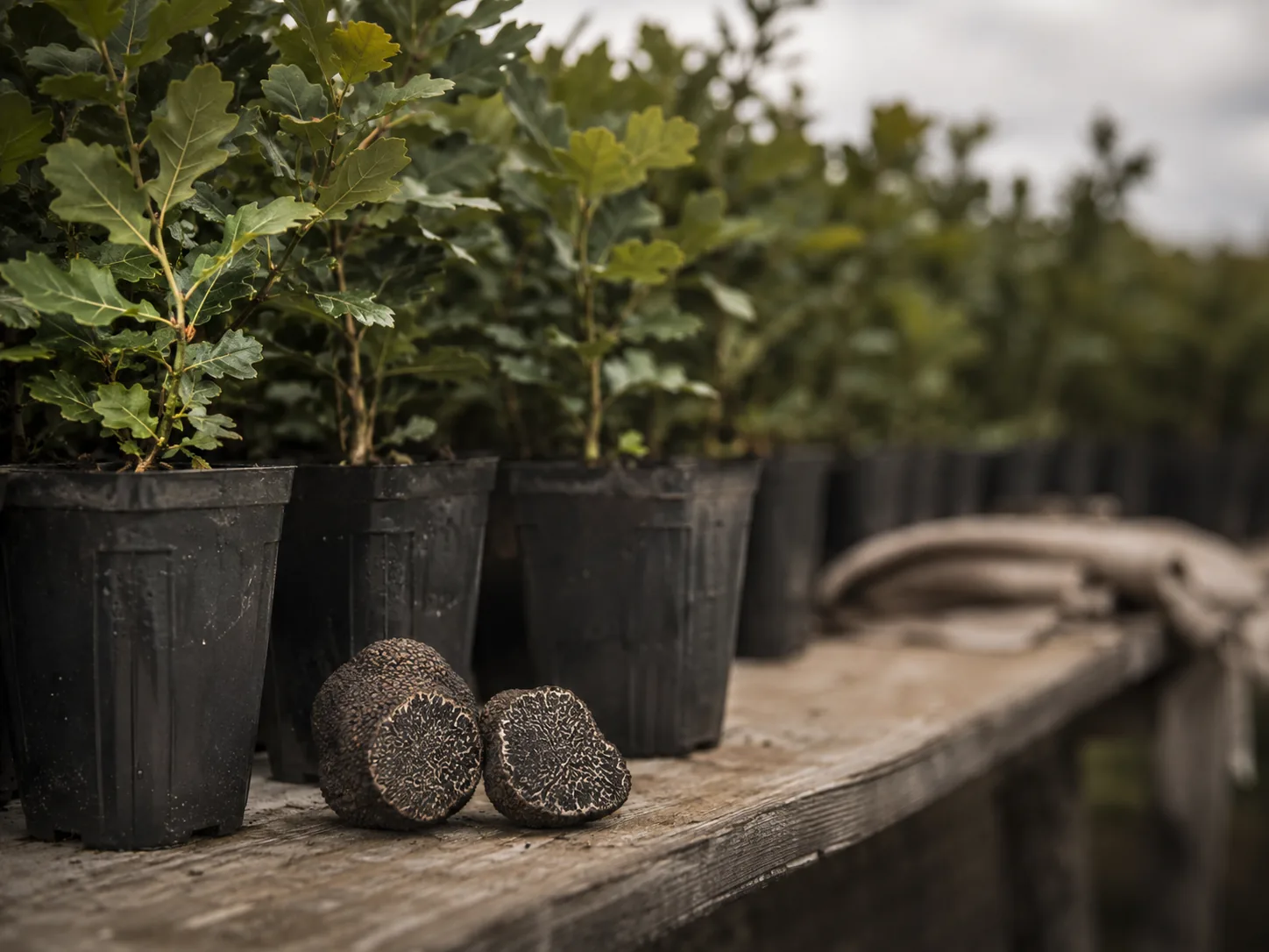 Piante da tartufo nero: giovani querce micorrizate con Tuber melanosporum in vivaio