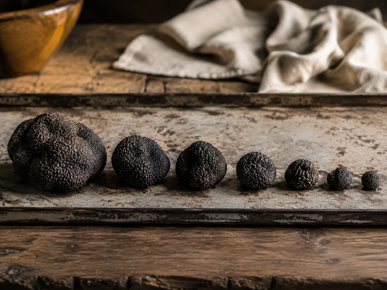 Truffes de calibres différents alignées côte à côte pour comparer leur taille avant pesée