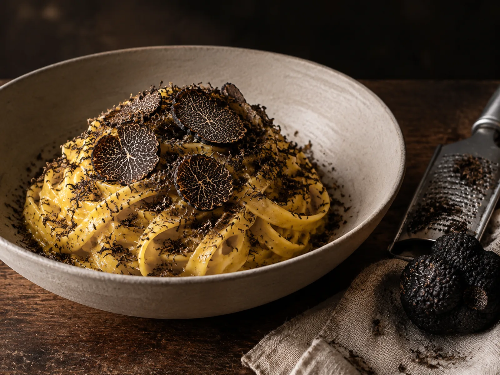 Piatto di tagliolini all’uovo con tartufo nero appena grattugiato