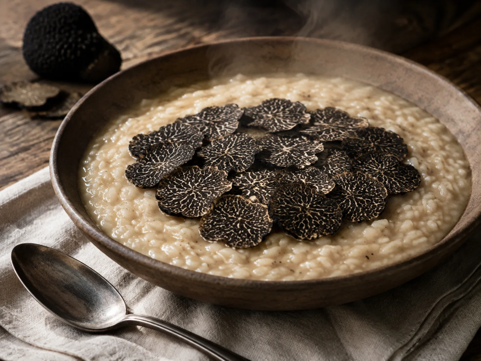 Risotto cremoso nel piatto fondo con lamelle di tartufo nero