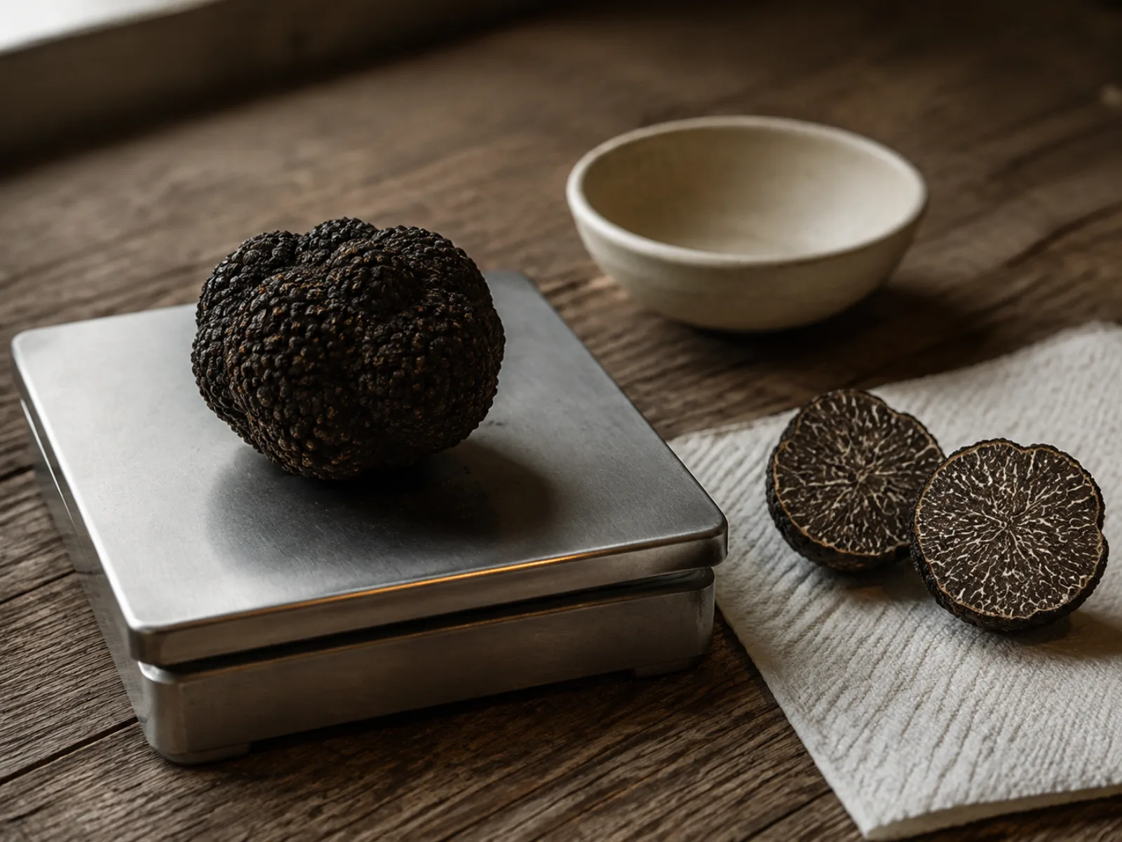 Zwarte truffels op een weegschaal tijdens het sorteren op kaliber