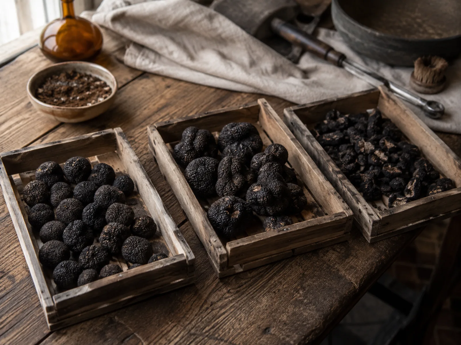 Gesorteerde zwarte truffels in houten kistjes, gescheiden op vorm en maat