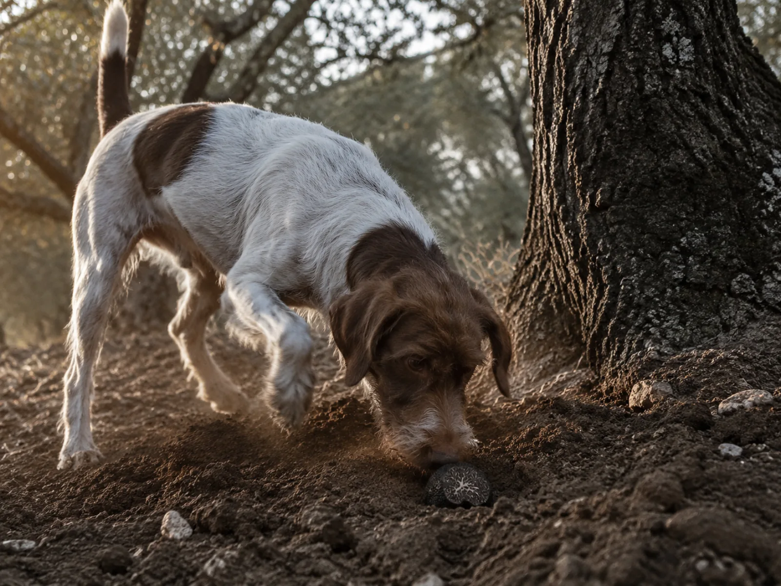 Truffelhond die een zwarte truffel aanwijst tijdens het zoeken