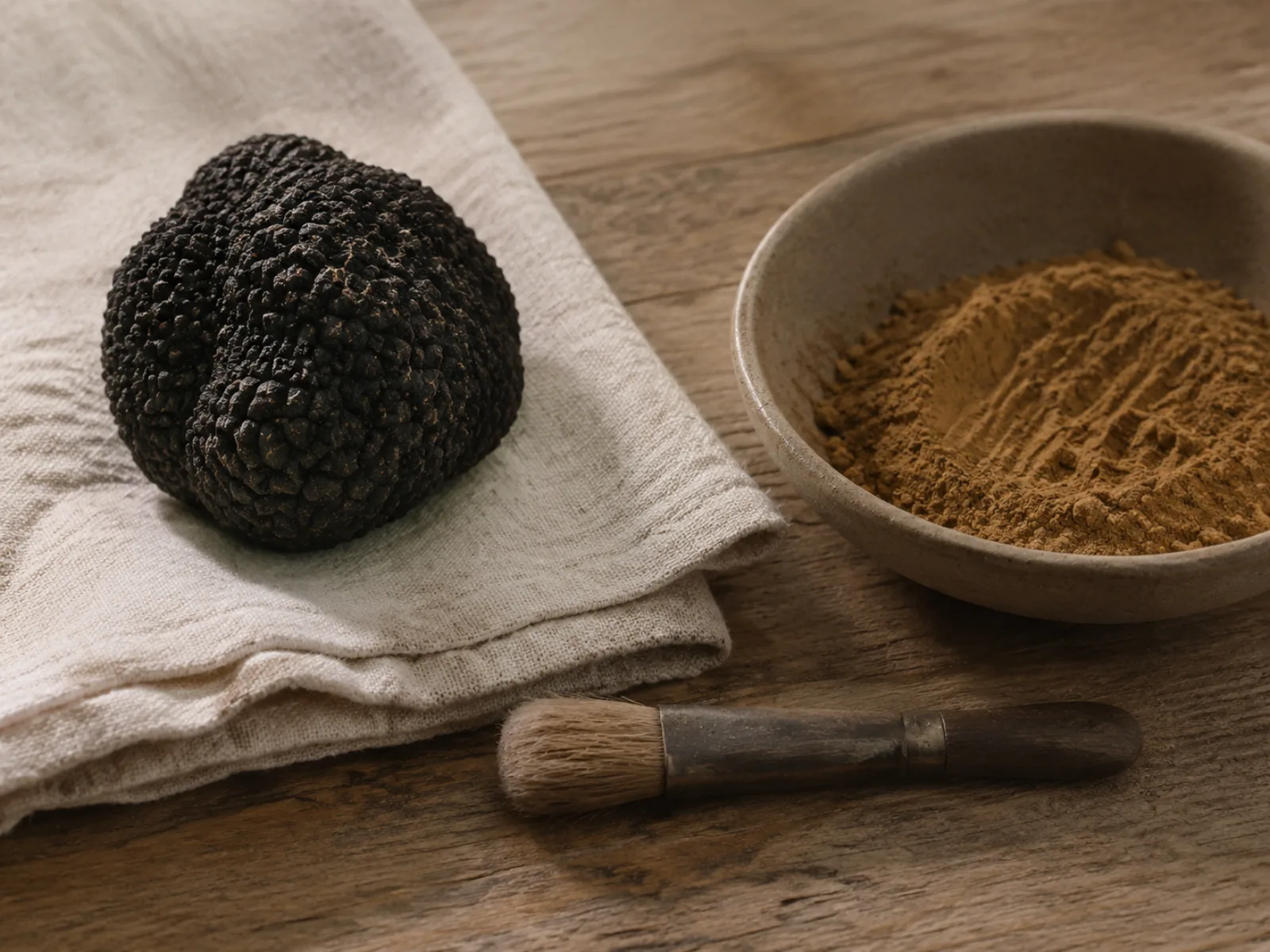 Truffe brossée et séchée au papier absorbant, posée à côté de la brosse et des chutes de terre