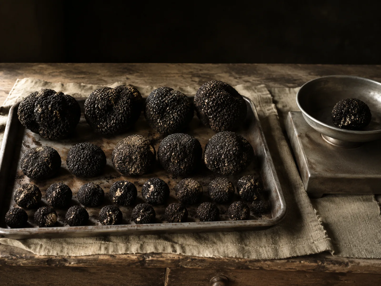 Trufas negras clasificadas por calibre sobre bandeja de acero en la sala de selección
