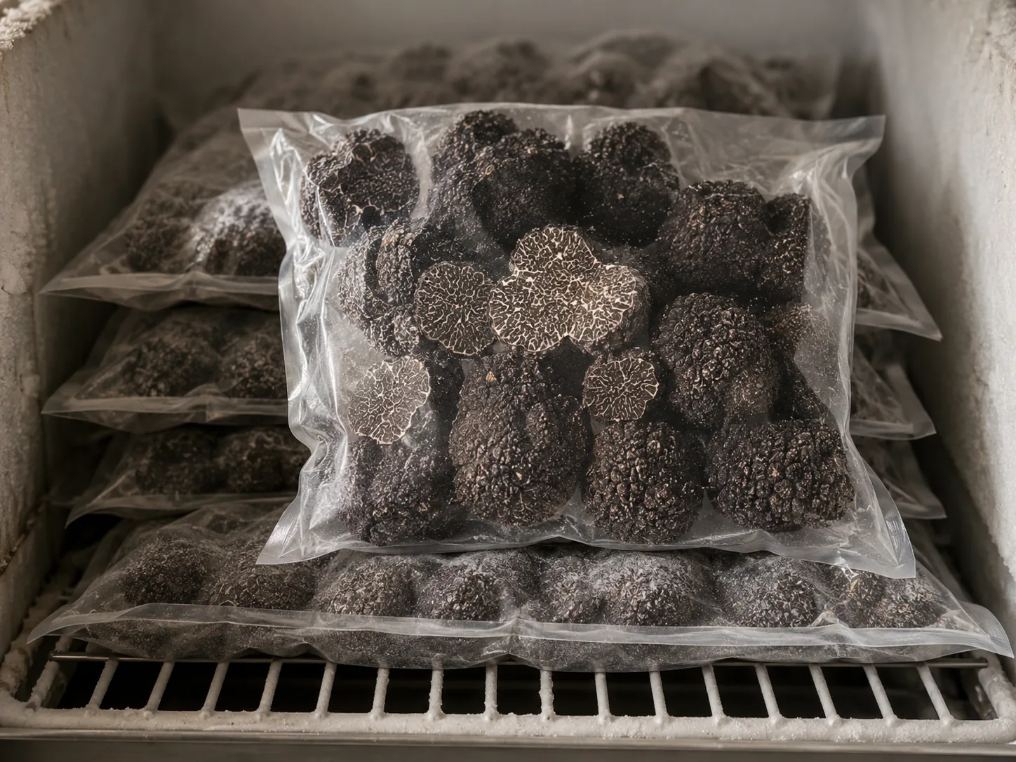 Frozen truffles: whole black truffle pieces bagged and stacked in a freezer for trade supply